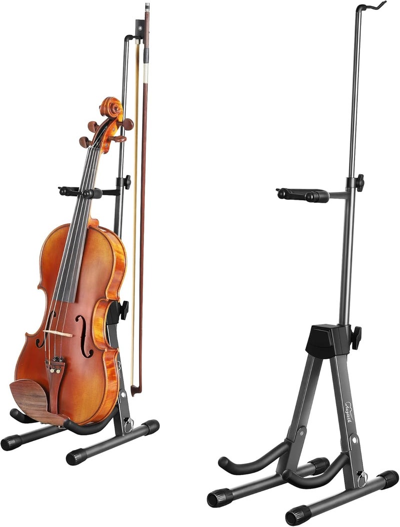 Augioth New Upgraded Anti-Tipping Design in Violin Stand with Bow Holder. Adjustable height, non-slip base, and protective head lock. Foldable and portable design for violins, violas, mandolins, and ukuleles.（Gray） - Image 1